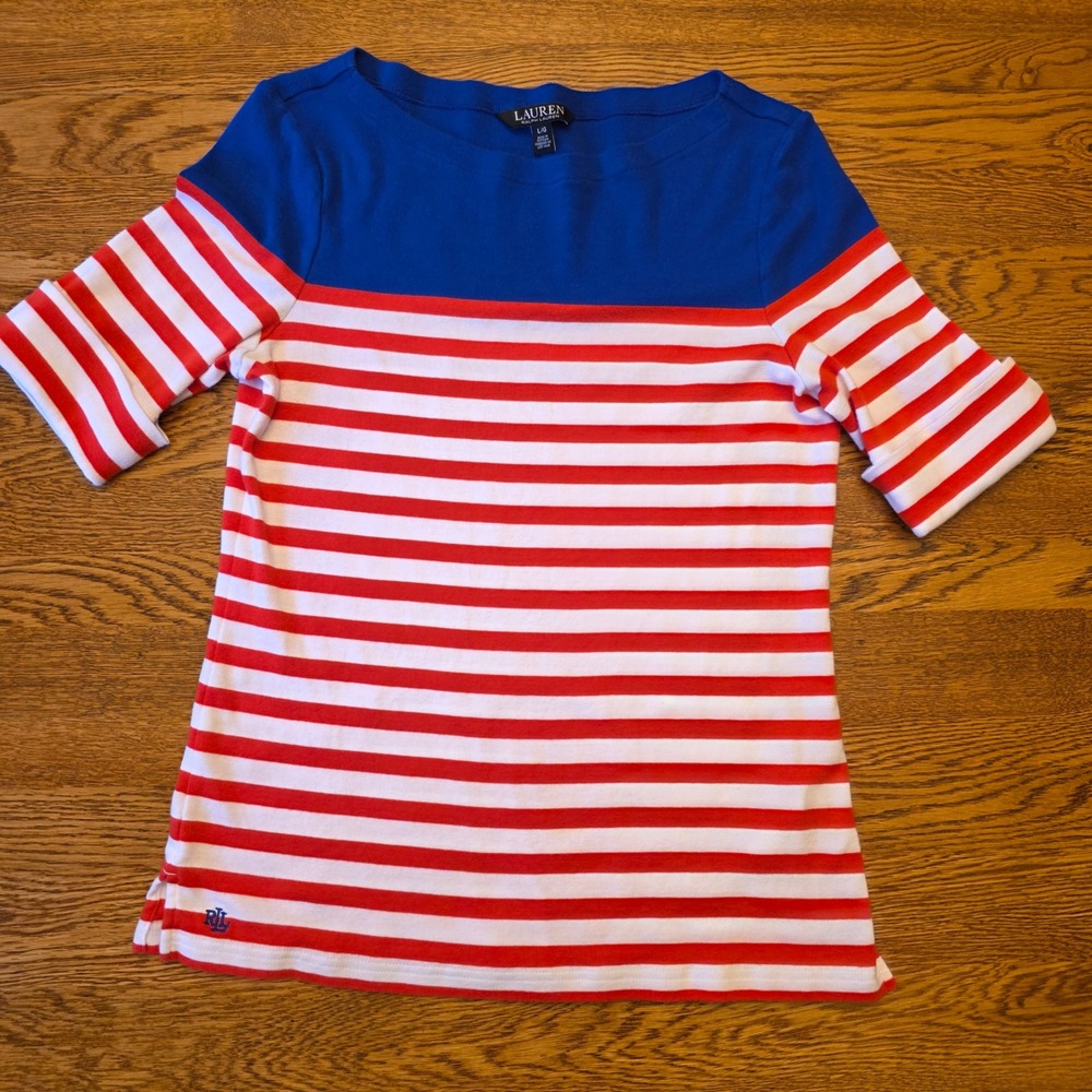 Lauren Ralph‎ Lauren Nautical Striped Boat Neck 3/4 Sleeve Top Red White Blue L